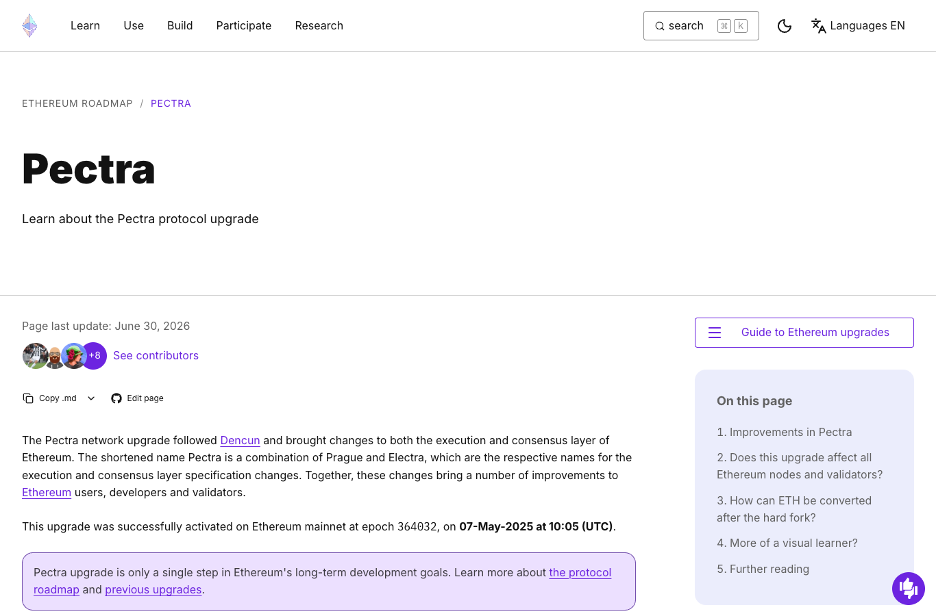 Ethereum Pectra 升级页面真实截图