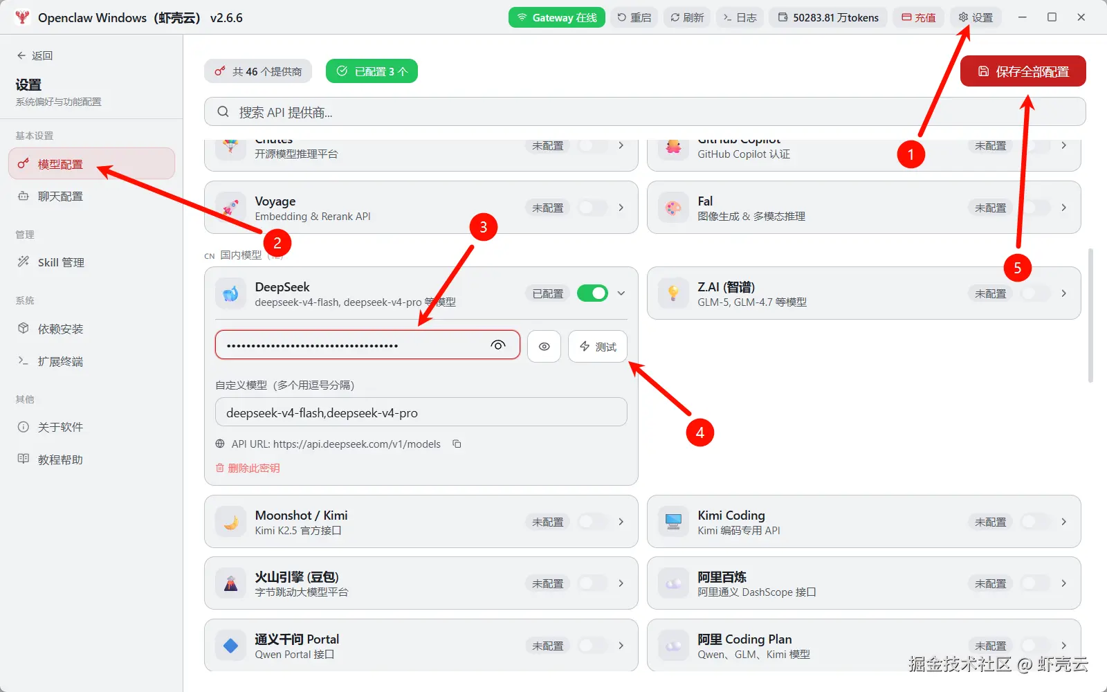 步骤 7:在 OpenClaw 中填写 DeepSeek API key 并测试