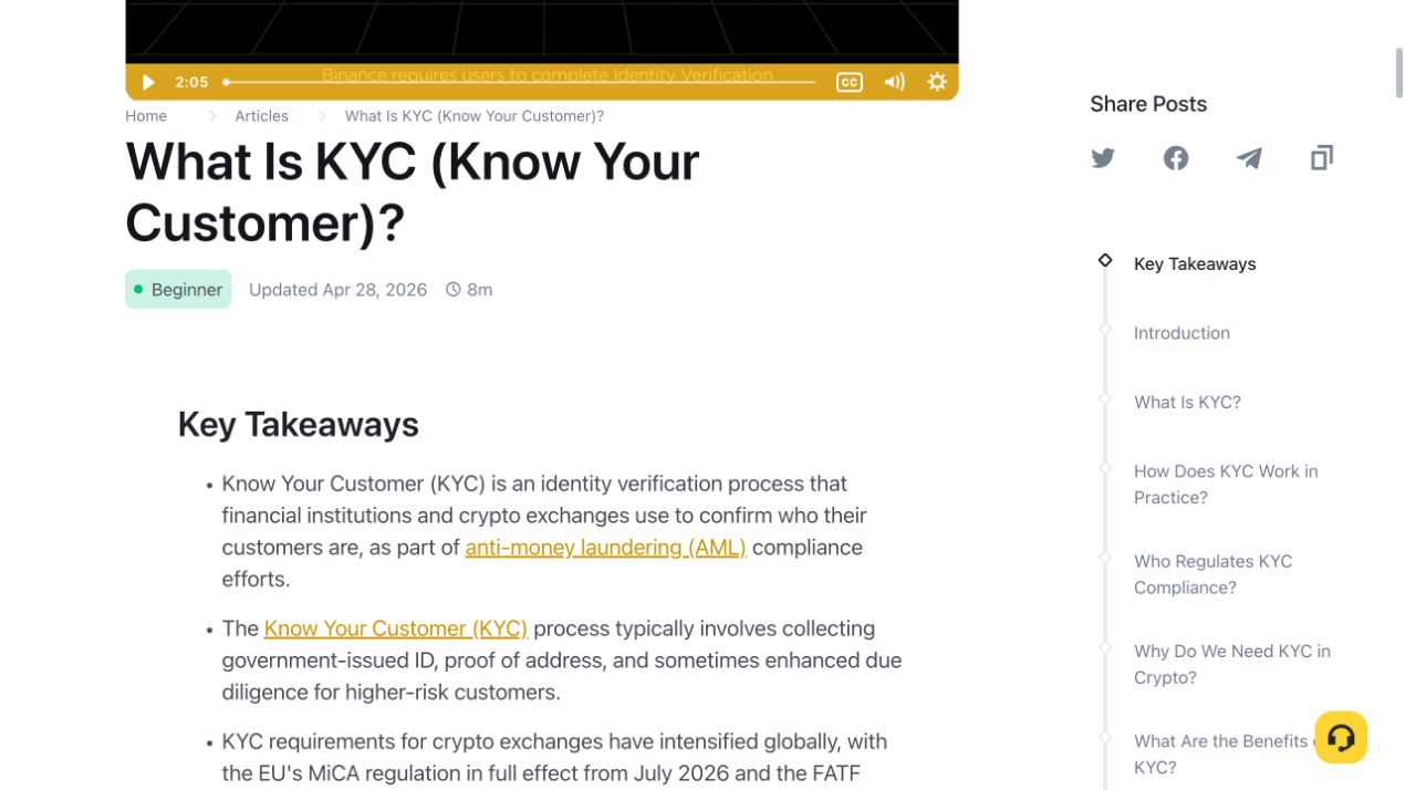 Binance Academy KYC 说明页面,介绍身份核验和常见资料