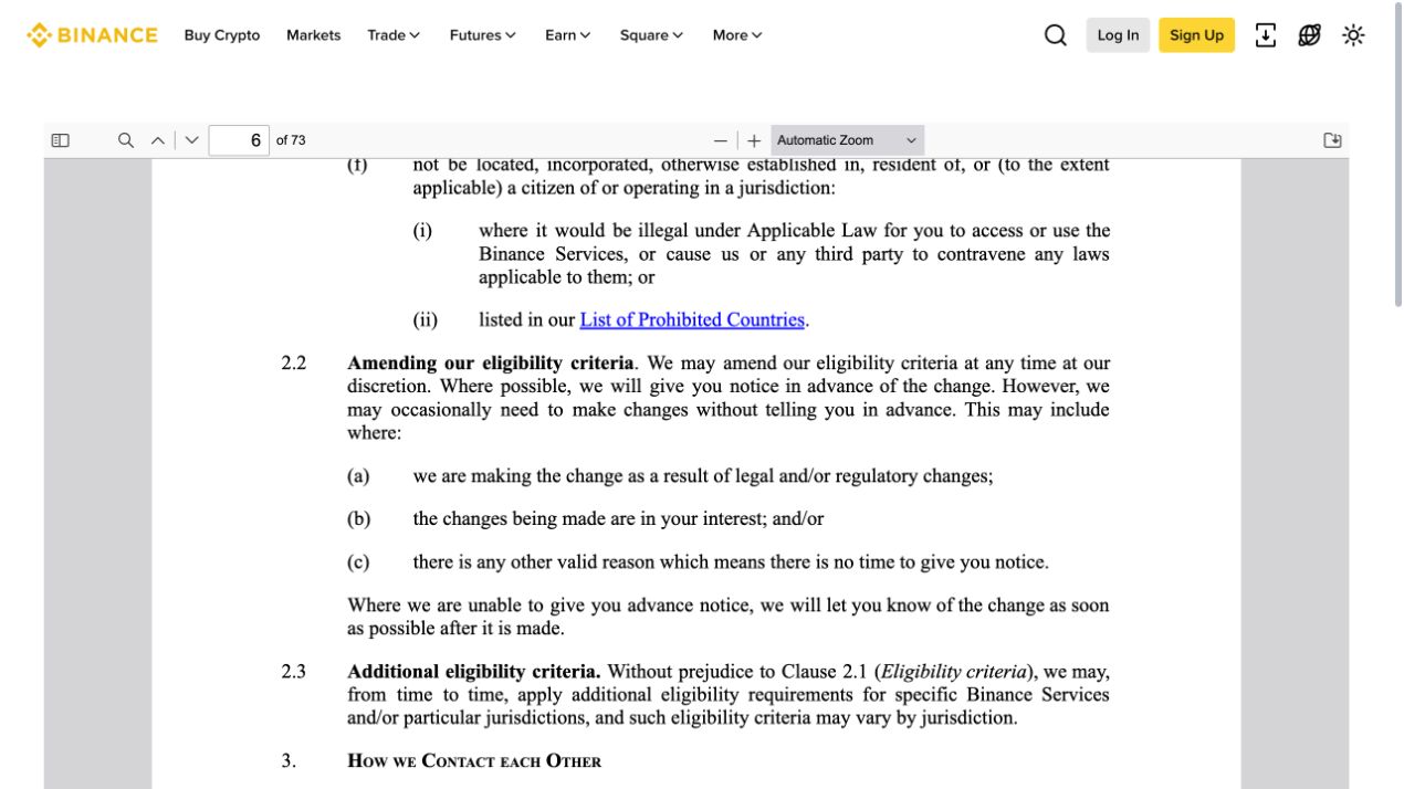 Binance 官方条款中的地区资格与禁止国家说明页面