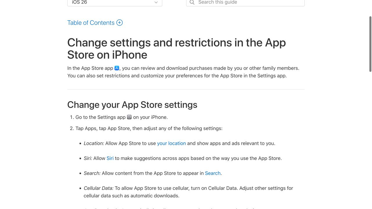 Apple官方iPhone指南截图,显示设置中的App Store选项和蜂窝数据设置