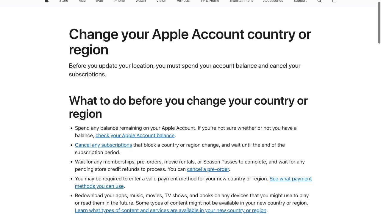 Apple官方支持页面截图,说明更改Apple账户国家或地区前的余额、订阅和付款条件