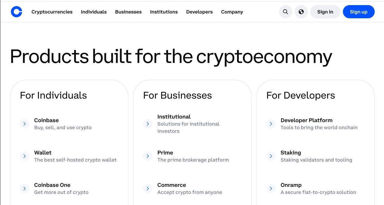 Coinbase官方产品页面展示个人用户企业和开发者产品矩阵