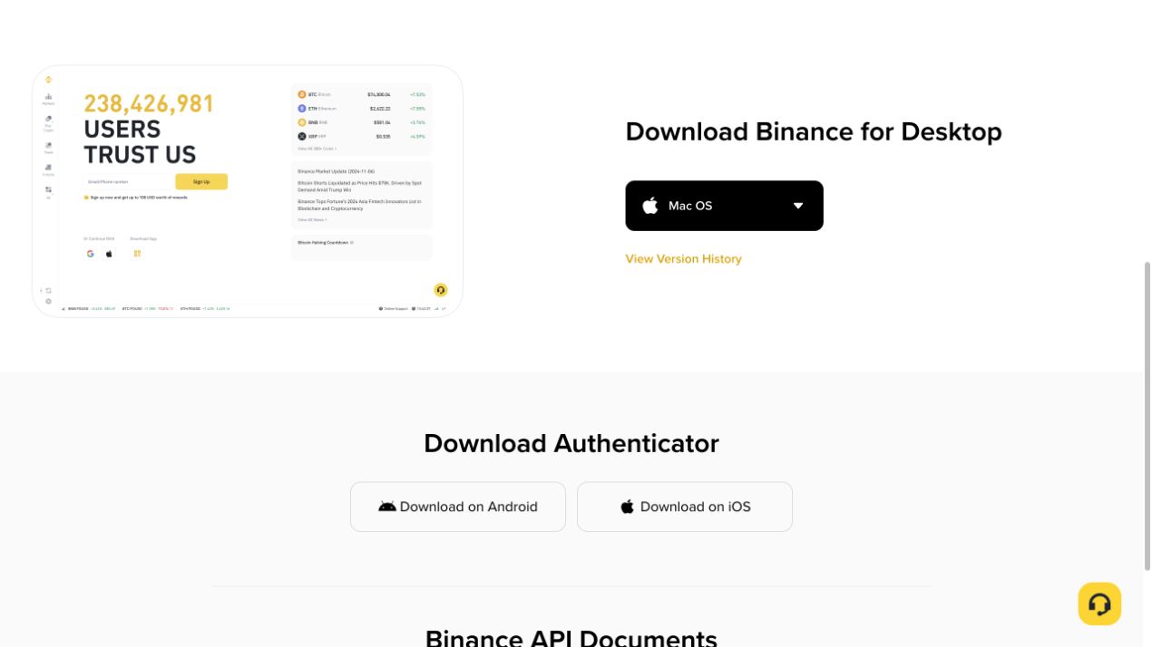 币安官方页面的Download Binance for Desktop区域，显示Mac OS系统选择和版本历史入口