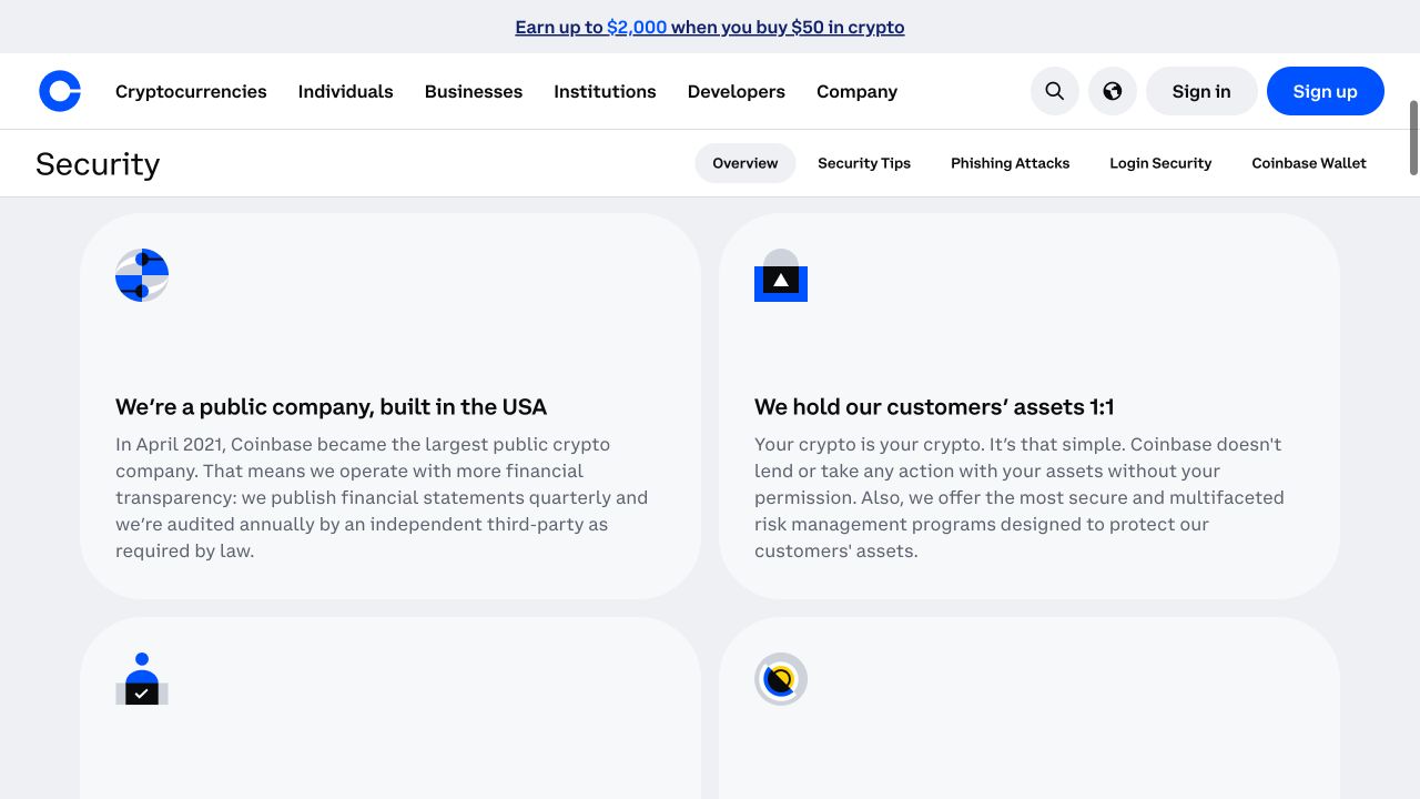 Coinbase 官方安全页面截图，展示公开公司、客户资产安排和平台安全披露等信息