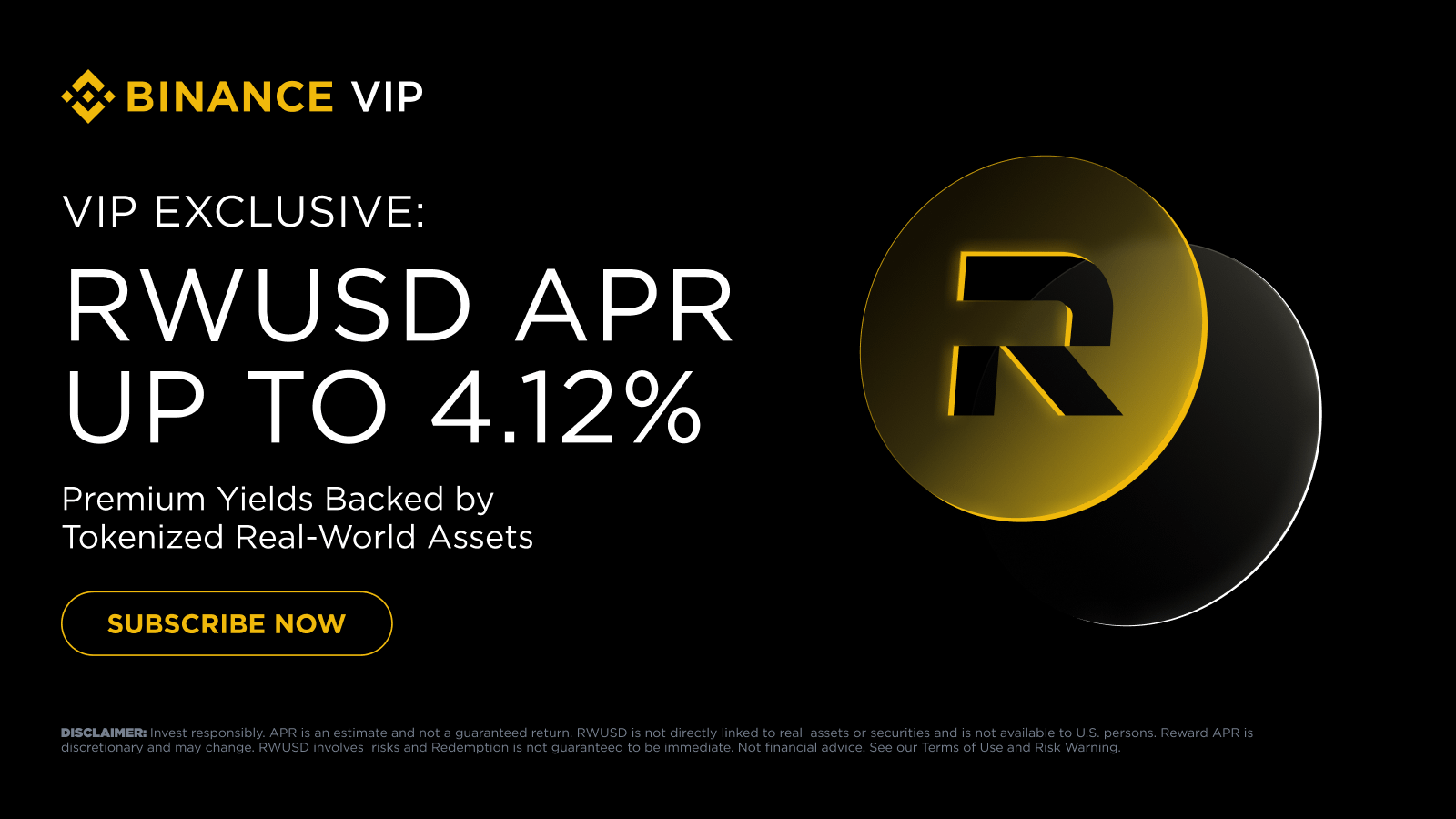 币安 RWUSD 官方活动图片，展示 RWUSD 收益产品和 VIP APR 主题