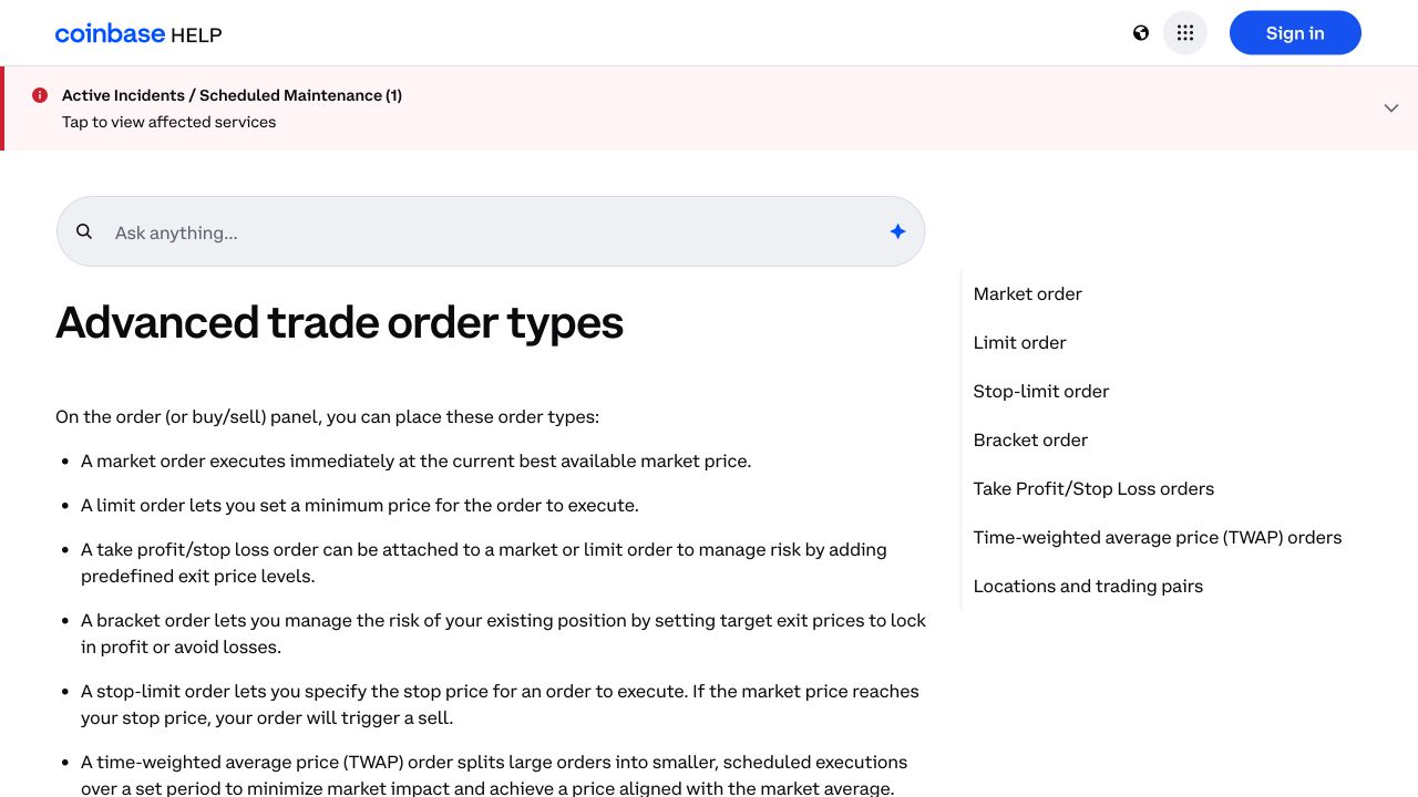 Coinbase Help 官方高级交易订单类型页面截图，用于示范比较市价、限价、止损限价、止盈止损和 TWAP 订单
