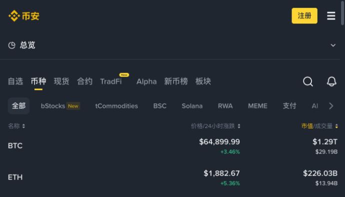 币安现货市场列表与交易对筛选界面截图