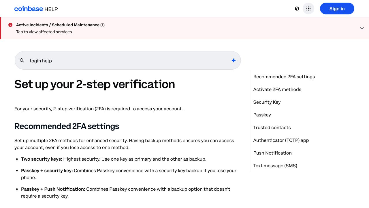 Coinbase Help 官方双重验证页面截图,用于示范比较安全密钥、Passkey、TOTP 和短信验证方式