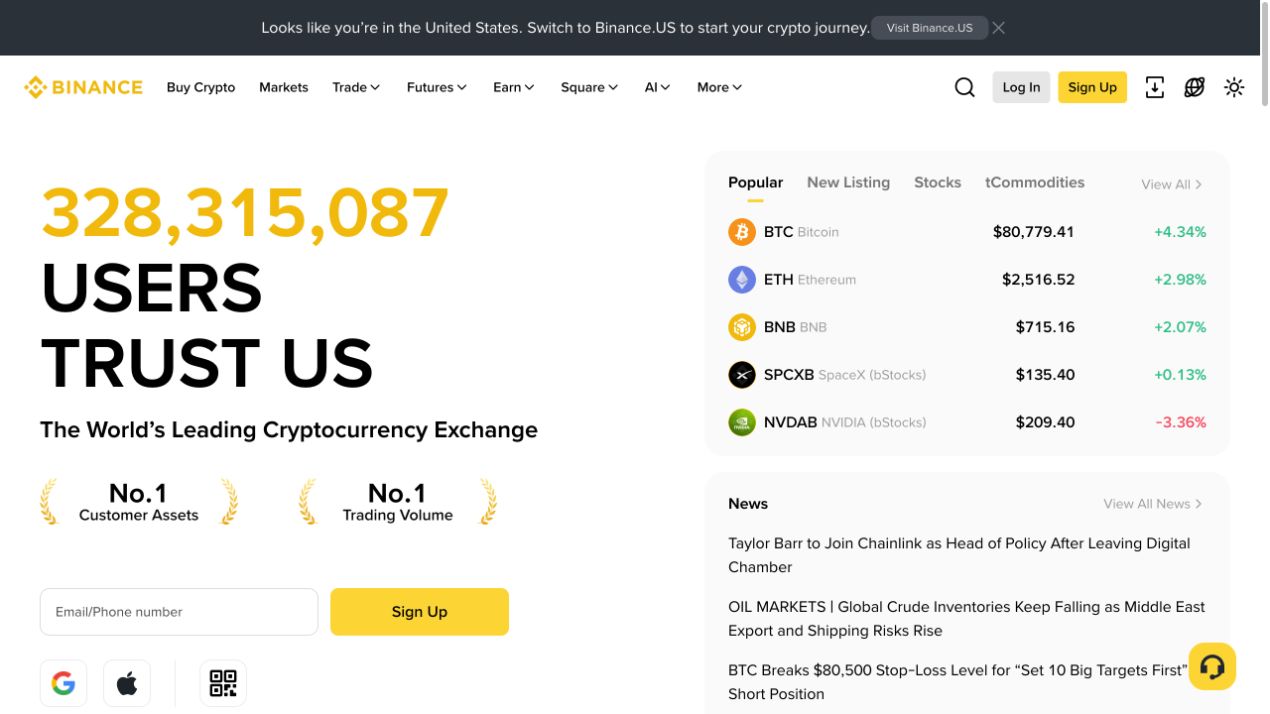Binance 官方首页,显示下载入口、登录入口和顶部导航