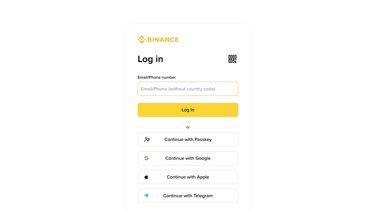 Binance 官方登录页面的邮箱手机号输入框和多种登录方式截图
