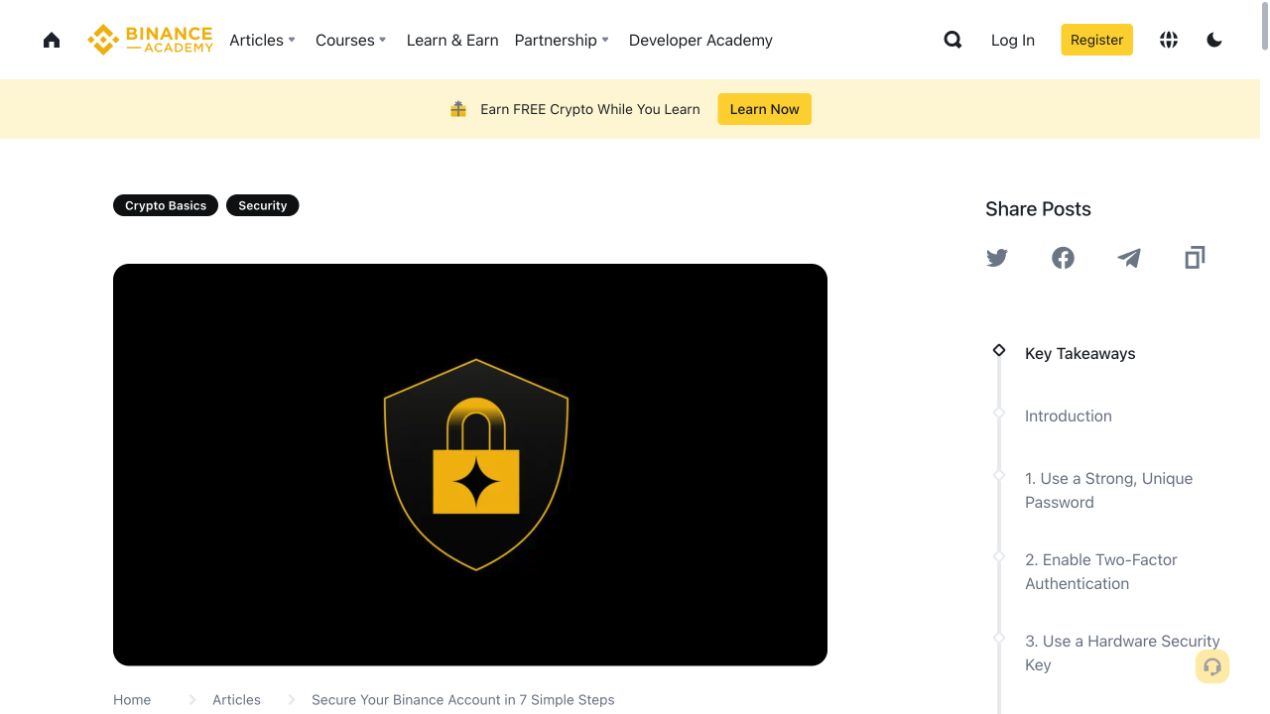 Binance Academy 账户安全页面,展示强密码、双重验证和硬件安全密钥等安全主题