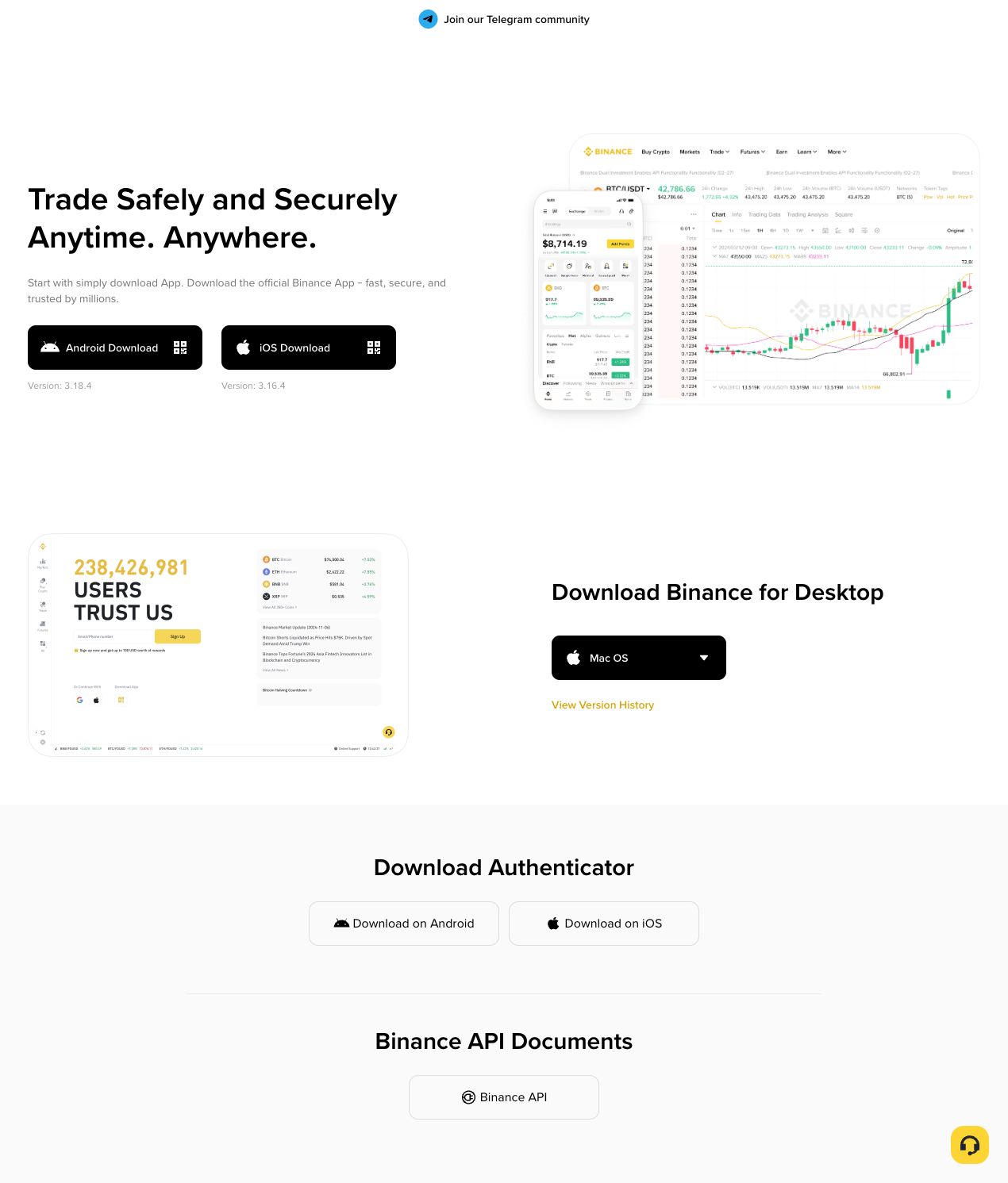 Binance 官方下载页展示 Android、iOS 和桌面端入口的真实截图