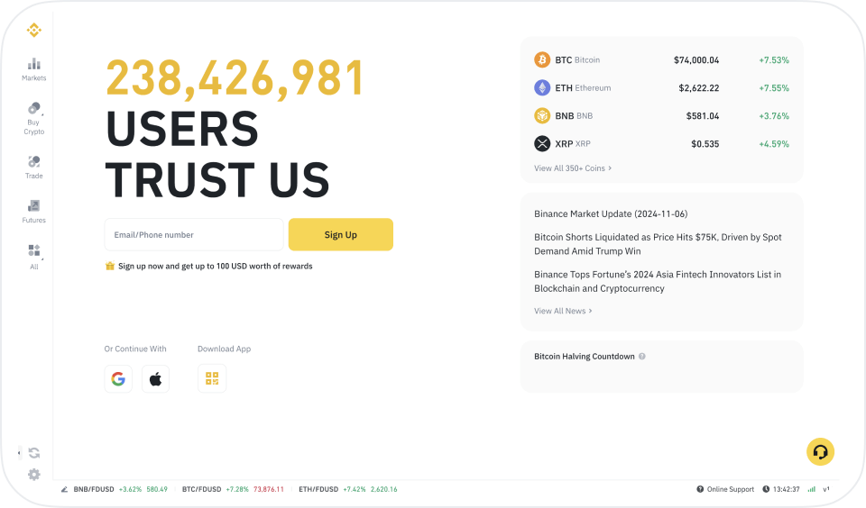 Binance 官方页面中的 Download App 入口和应用下载选项