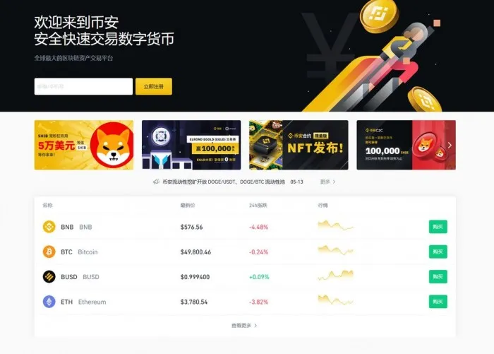 币安中文首页中的品牌标识、导航和行情区域