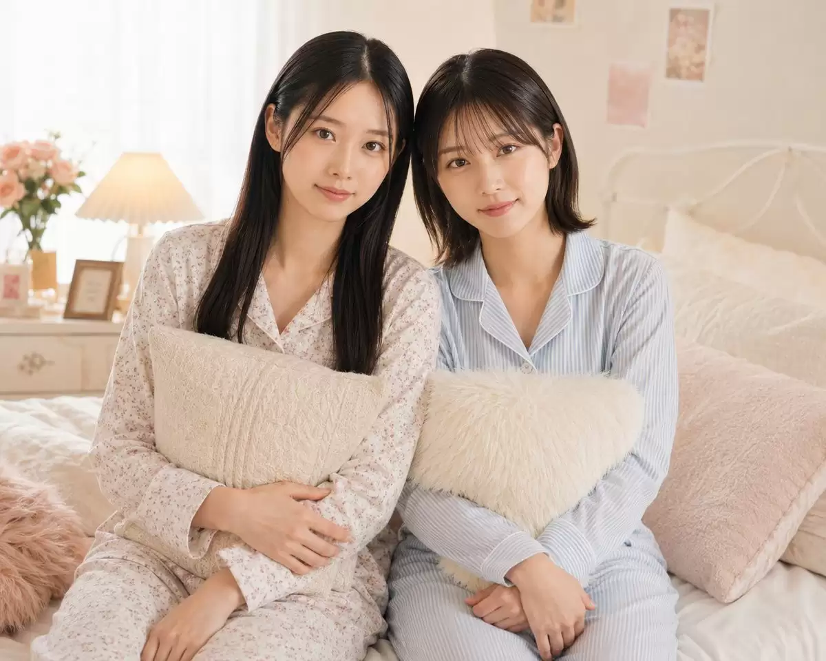 身着柔和色调睡衣的两位女性卧室场景