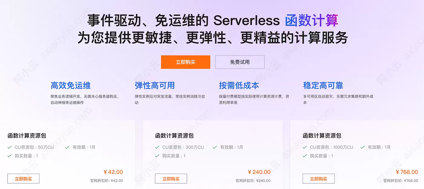 阿里云函数计算资源包费用价格：50万CU、300万CU、1000万CU、2亿CU、20亿CU费用清单