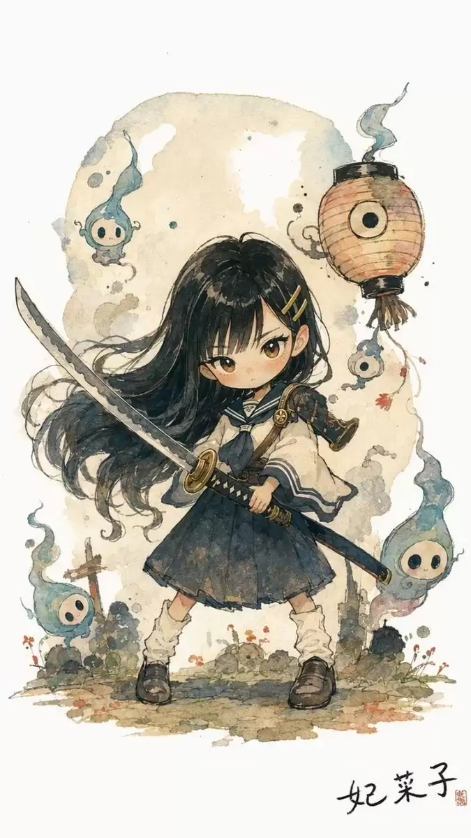 水彩 Q 版女学生剑士