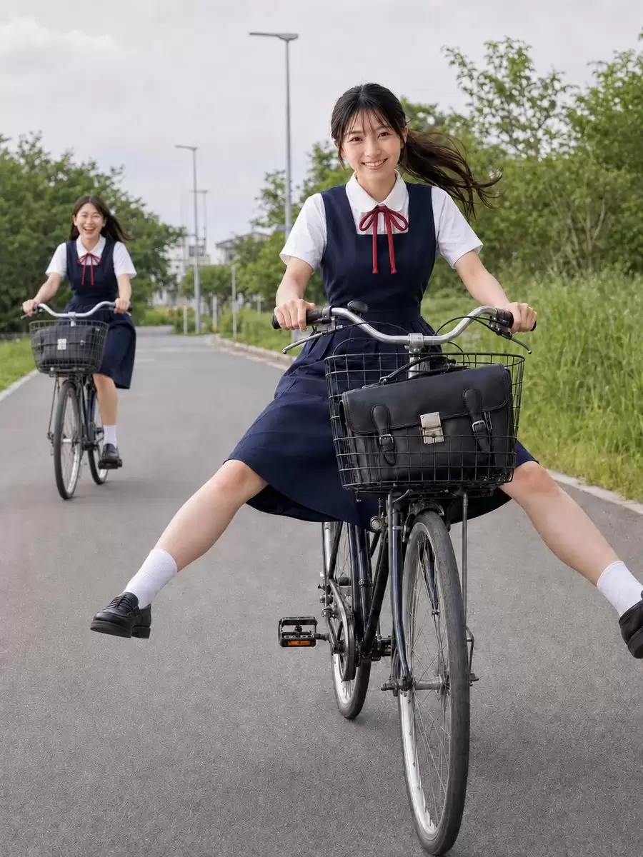 Schoolgirls Riding Bicycles