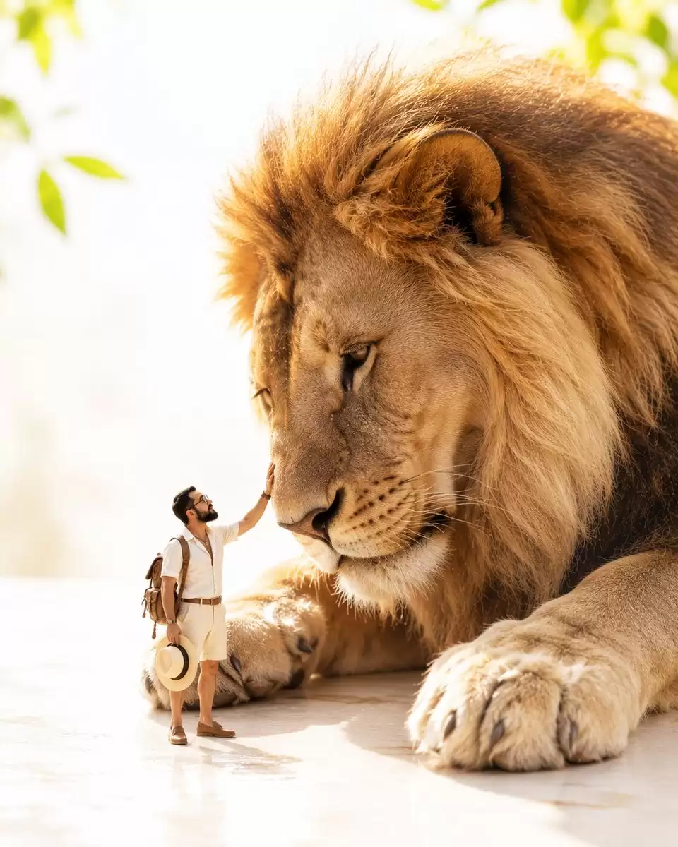 Tiny Safari Explorer With Giant Lion