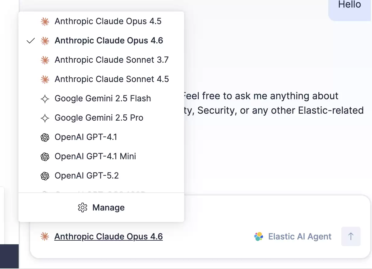 下拉菜单显示了来自 Anthropic、Google 和 OpenAI 的多个 AI 模型选项,其中“Anthropic Claude Opus 4.6”已被选中,并与 Elastic 界面一起显示。