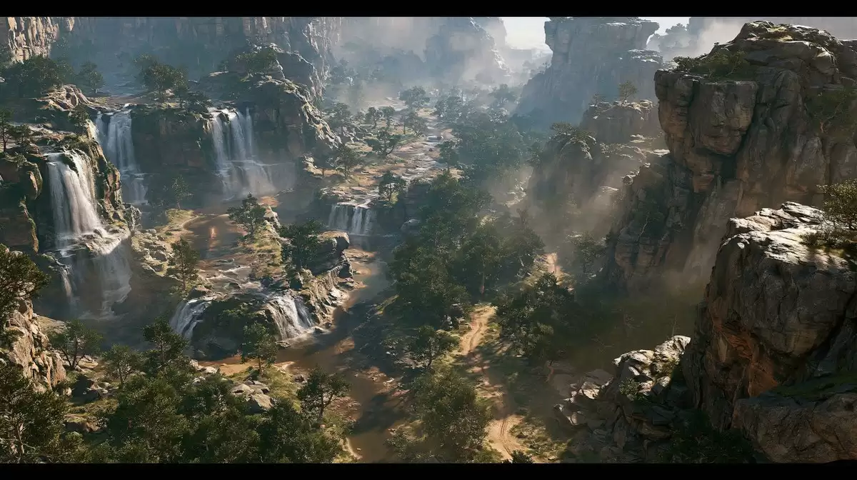 Cinematic Rocky Waterfall Valley