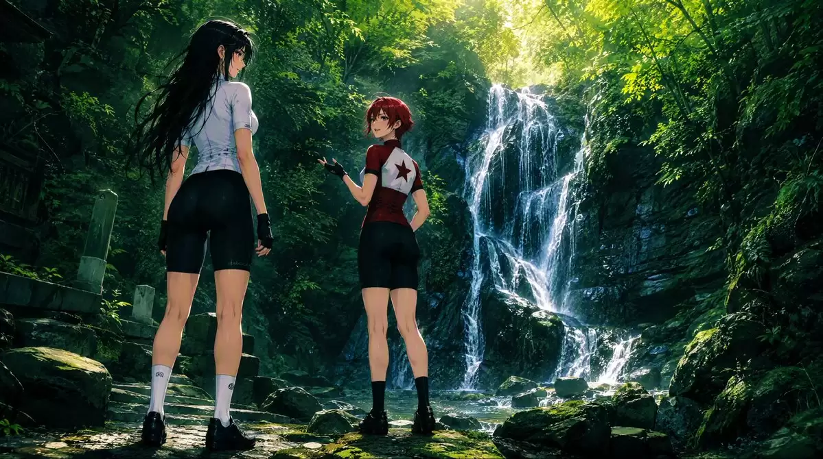 Anime Cyclists at Forest Waterfall