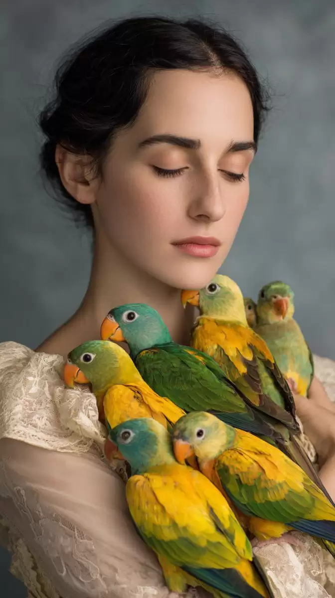 Woman with Teal and Yellow Parrots
