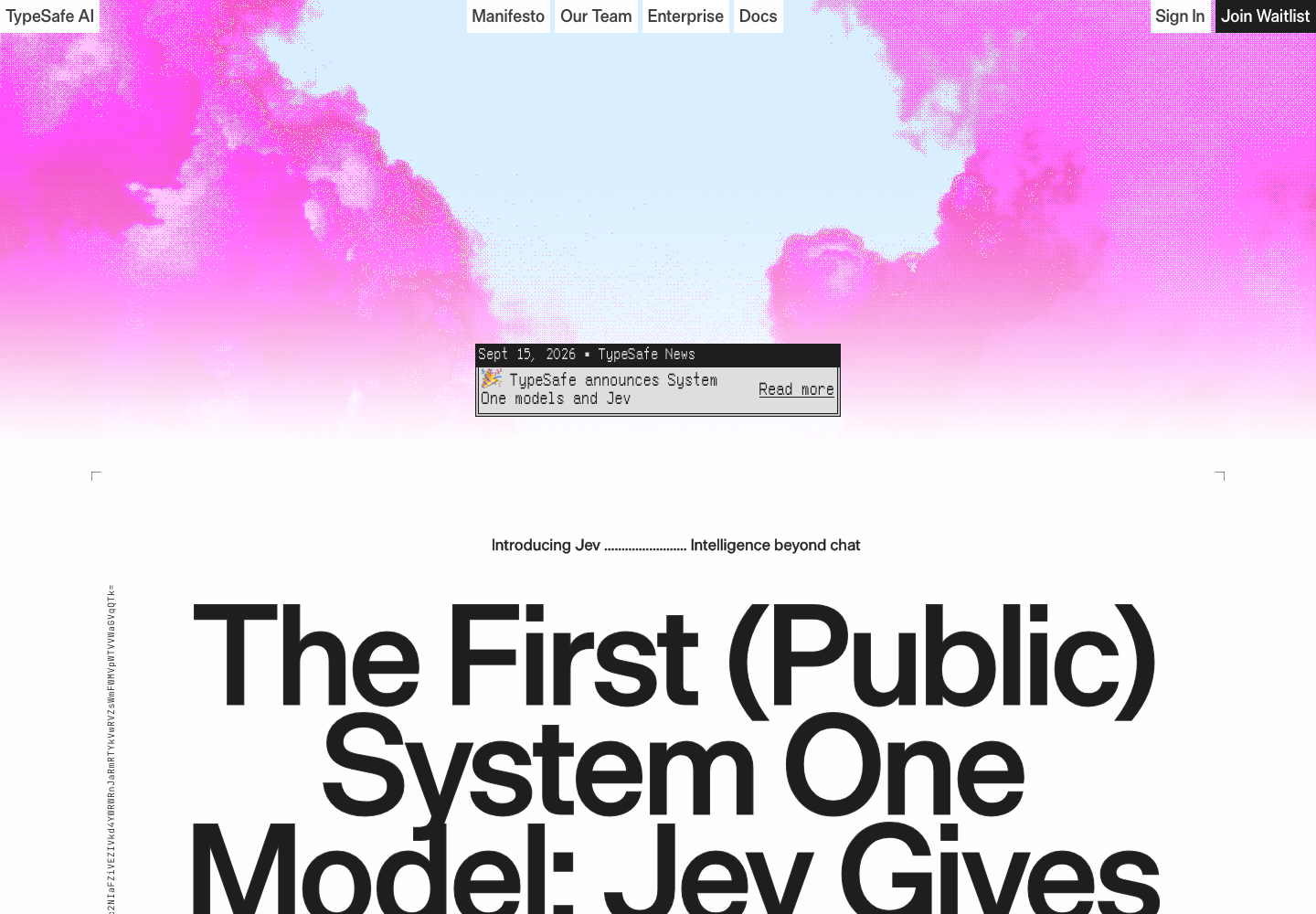 TypeSafe AI官方网站首页，顶部显示Docs、Sign in和Join Waitlist入口，首页主视觉介绍Jev模型