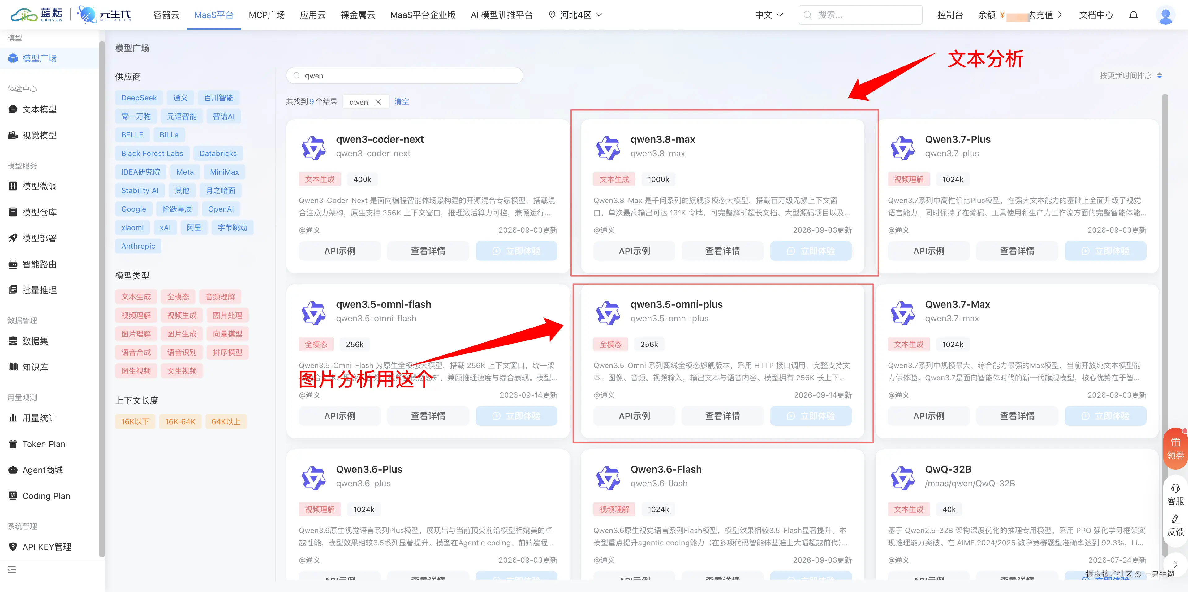 蓝耘元生代的模型广场,同一个接入地址下挂着多个模型,按 qwen 筛出来九个结果