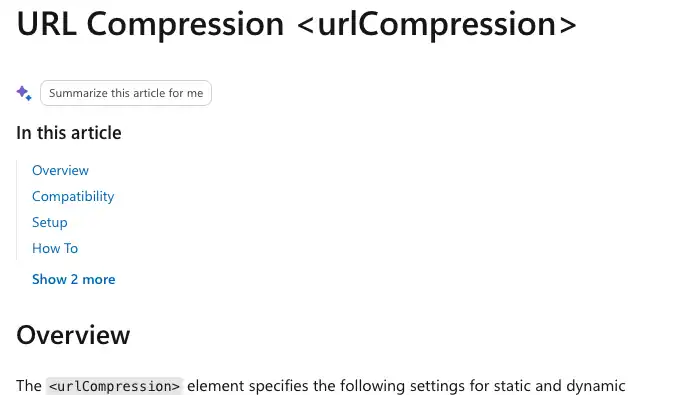 Microsoft IIS 文档中的 urlCompression 配置页