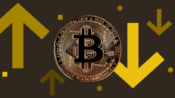 比特币符号与价格涨跌箭头的主题示意