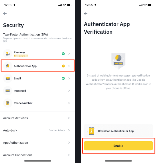 必安账户安全页身份验证器App与Enable启用按钮