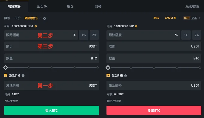 币安现货跟踪委托的激活价格、幅度和限价字段