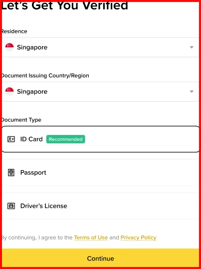 必安身份认证页面中的居住地、证件签发地和证件类型选项已用红框标出