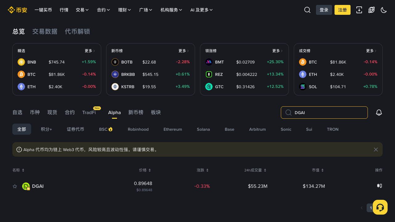 必安 Alpha 列表中搜索 DGAI 的真实界面