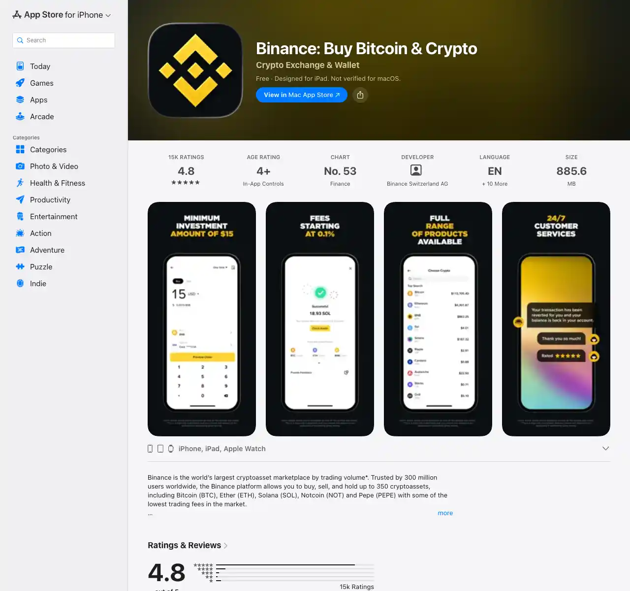 Apple App Store 中 Binance 应用详情页面示例