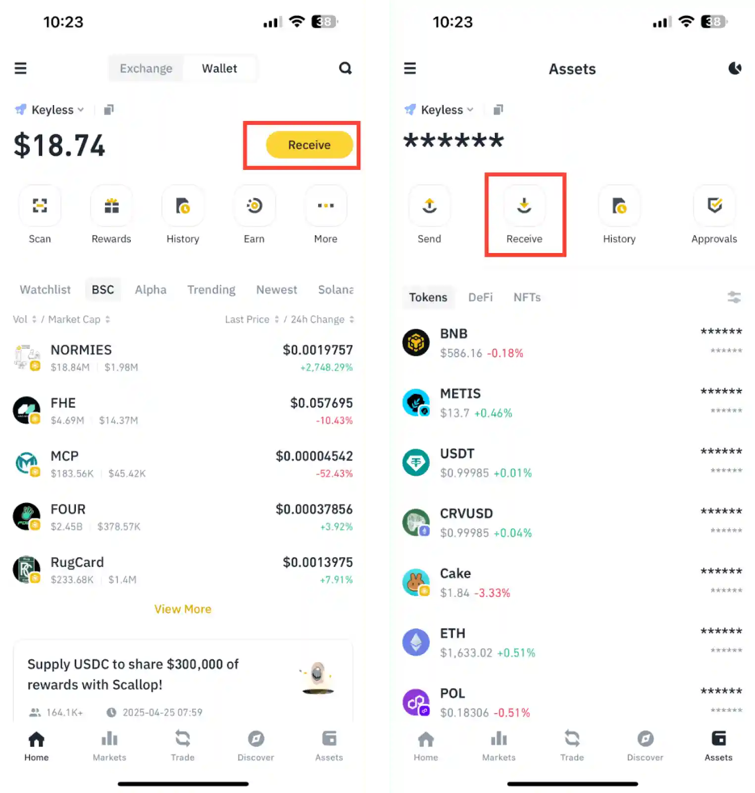 Binance 手机端钱包与资产接收功能界面示例
