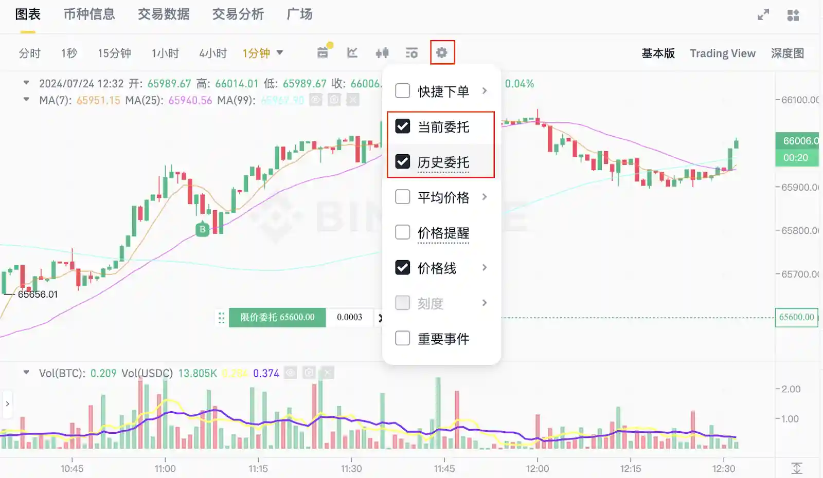 Binance 桌面交易图表与订单显示设置示例