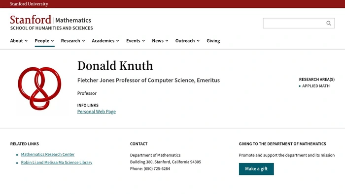 斯坦福数学系官方人员页面截图,可从 Personal Web Page 进入 Knuth 个人主页。