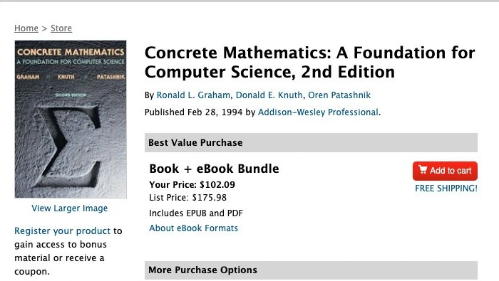 Concrete Mathematics 第2版的 InformIT 真实页面截图，列有三位作者和正式版本信息。