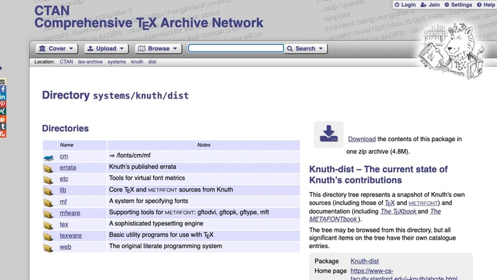 CTAN 的 systems/knuth/dist 真实页面截图,目录包含 tex、mf、errata 等项目。